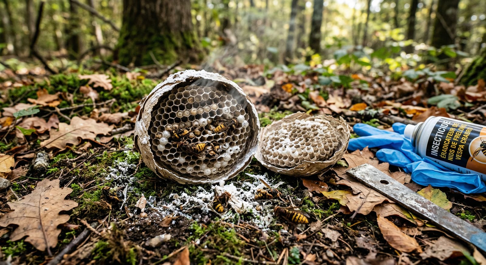 Coupe d'un nid de frelons après traitement — Bas-Rhin